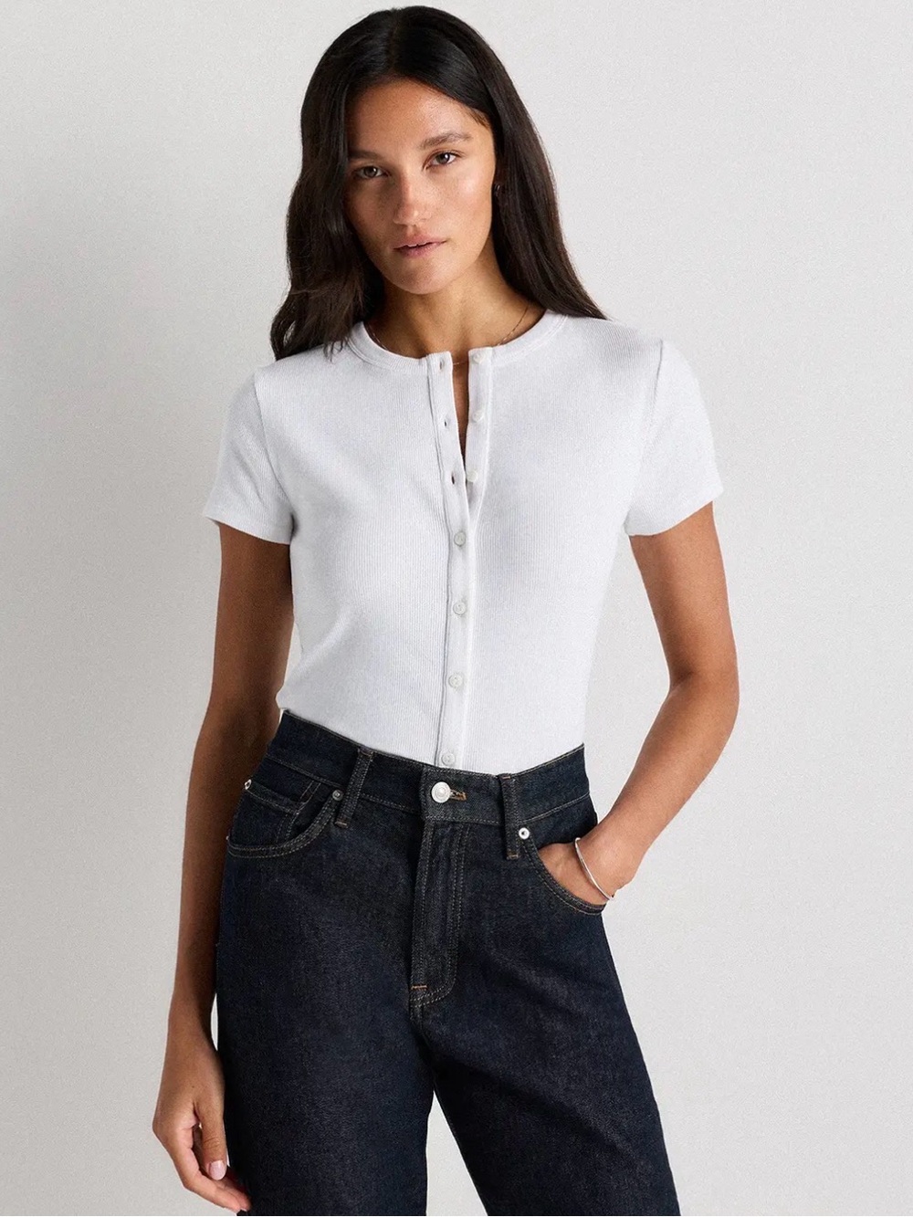 Quince White Short Sleeve Button-Up Knit Top